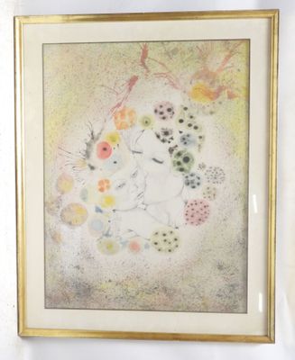 painting of a cat with flowers and butterflies in a gold frame