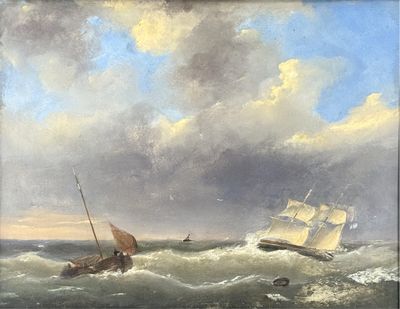 un tableau représentant un bateau dans l'océan, avec un autre bateau dans l'eau