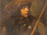 an old painting of a man in a fur hat holding a stick