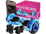 the hoveboard is blue and white with blue wheels and blue lights