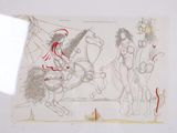 a drawing of a man riding a horse next to a woman on a horse