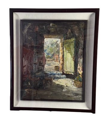 tableau à l'huile encadré représentant une porte ouverte dans un bâtiment en pierre