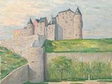 une peinture représentant un château sur une colline, avec le ciel en arrière-plan