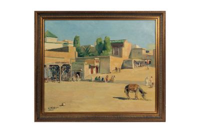 une image représentant un tableau illustrant une scène de rue avec un chameau au premier plan