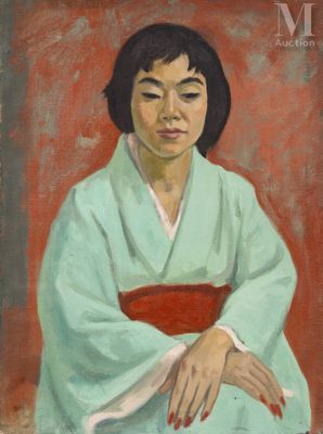 an image of a painting of a woman in a green kimono