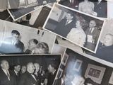 several old black and white photos of men and women in suits and ties