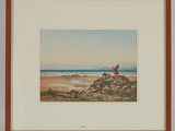 tableau représentant un homme à cheval sur une plage, avec un bateau en arrière-plan