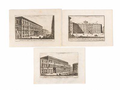 quatre gravures représentant des bâtiments anciens, alignées les unes à côté des autres sur un fond blanc