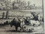 a drawing of a man tending to cows in a field