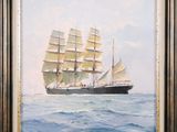 an oil painting of a ship in the ocean with a sky background