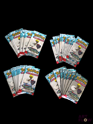 five packs of pokemon trading cards are shown on a black background
