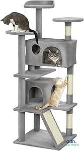 deux chats qui jouent sur un arbre à chat avec une balle au milieu