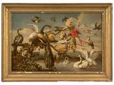 a picture of a painting of birds flying over a body of water
