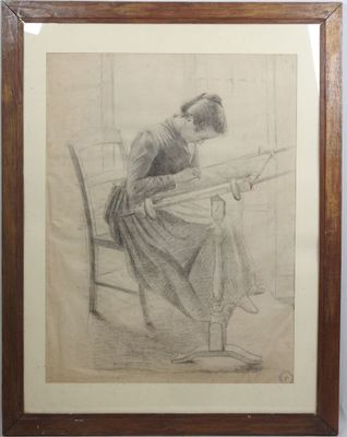 drawing of a woman sitting on a chair reading a book
