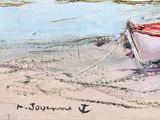 a painting of a boat on the beach by the water