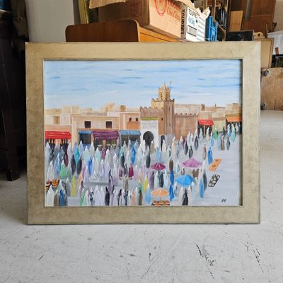 a painting of a group of people walking in the street