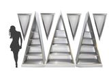 a woman that is standing in front of a set of stairs