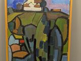 une peinture à l'huile d'un paysage avec une maison au loin