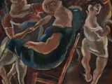 an oil painting of a group of people sitting in a chair