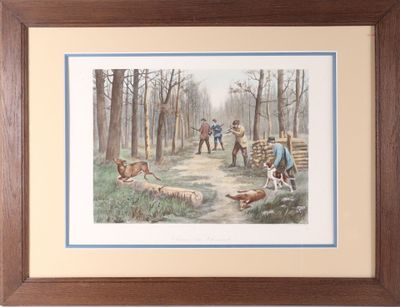 reproduction encadrée d'un tableau représentant une scène de chasse avec des chasseurs et des chiens