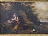 a painting of a woman reading a book in a wooded setting