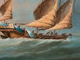 an oil painting of a sailboat in the ocean with people on it
