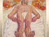 a painting of a man laying on a bed with flowers in the background