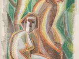 dessin représentant un singe assis sur une branche d'arbre, avec un homme en arrière-plan