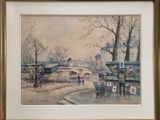 peinture représentant une scène de rue avec un pont en arrière-plan
