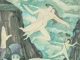 a painting of a man and a woman flying over a mountain