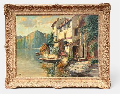 an image of a painting of a house by the water