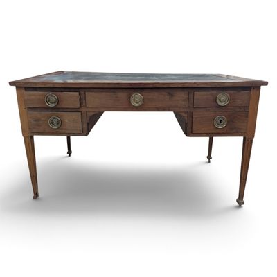 a wooden desk with two drawers and a marble top