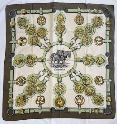 brown and green square scarf with a picture of a dog on it