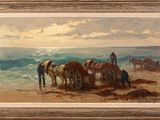 an oil painting of horses on a beach with a man plowing the sand