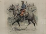 a drawing of a man riding a horse with a gun