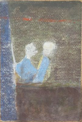 une image représentant un tableau où l'on voit deux personnes assises à une table devant une fenêtre