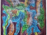 painting of a group of people in different colors on a purple background