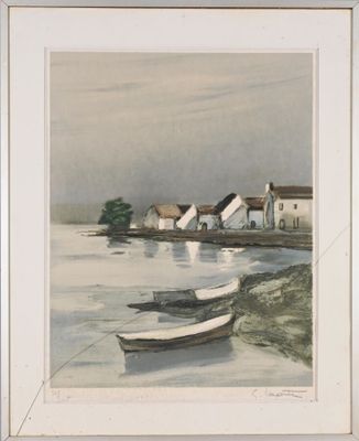 a picture of a painting of a boat on the water