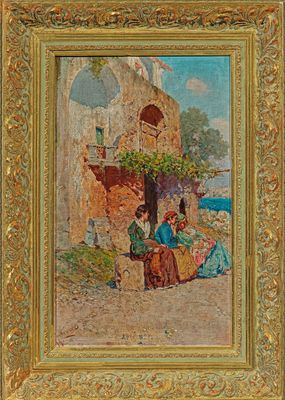 an image of a painting of a group of people sitting outside a building