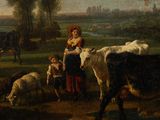 a painting of a woman and a child with cows in a field