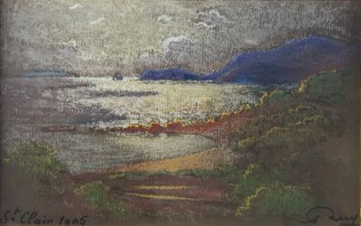 une peinture à l'huile représentant une vue sur l'océan depuis une colline