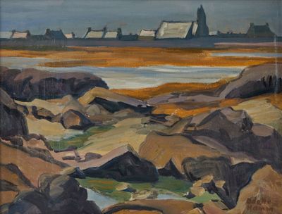 painting of a landscape of rocks and water with houses in the distance