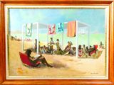 tableau représentant un groupe de personnes assises sur une plage sous des parasols