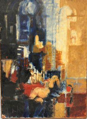 an oil painting of a woman sitting on a couch in a living room