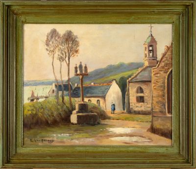 an oil painting of a village scene with a church in the background