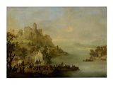 tableau représentant une scène fluviale avec, en arrière-plan, un château perché sur une colline