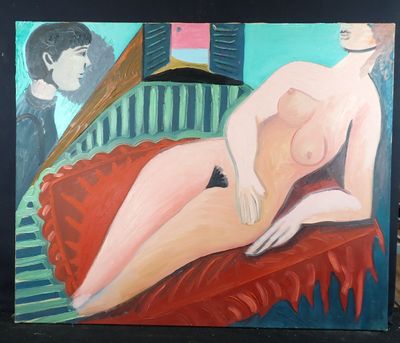 a painting of a nude woman sitting on a couch