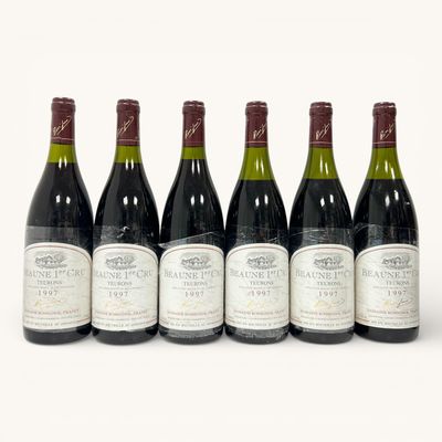 six bouteilles de vin sont alignées sur une surface blanche