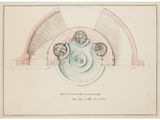an old drawing of a spiral staircase with a circular design on it