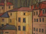painting of a view of a city with a church in the background